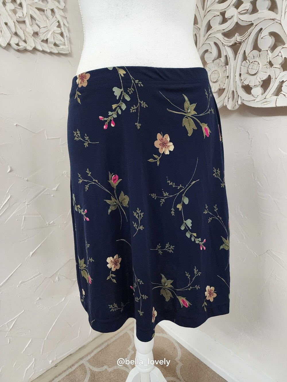 Navy Floral Midi Skirt with Pink & Cream Blooms